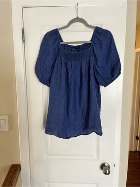 Blue Indigo Linen Puff Sleeve Square-Neck Blouse